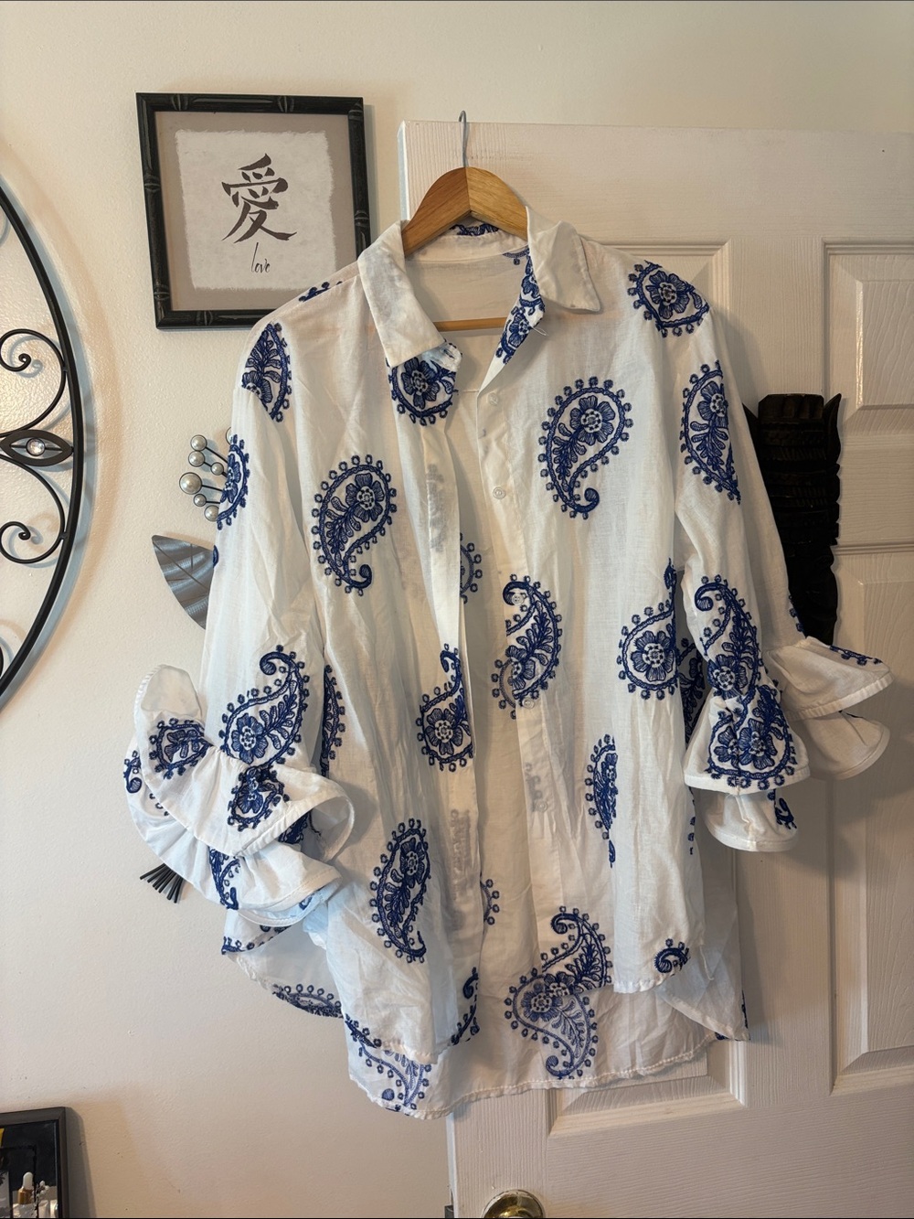 White Button-Up Blouse with Blue Paisley Print